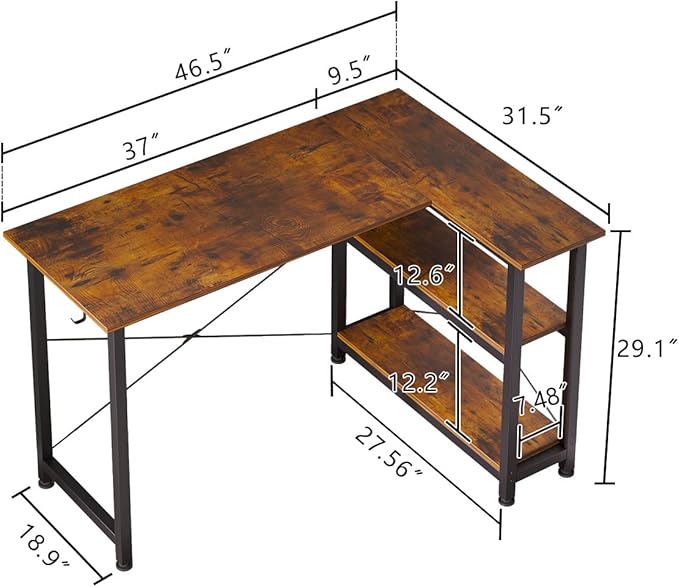 COTUBLR L Shaped Computer Desk, 47 Inch Small Corner Desk with Storage Shelves, Computer Desk Table Laptop Table Writing Desk Study Table for Home Office Workstation Small Spaces (Rustic Brown)