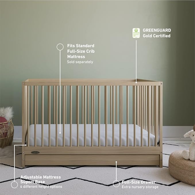 Graco Teddi 5-in-1 Convertible Crib with Drawer (Driftwood) – GREENGUARD Gold Certified, Crib with Drawer Combo, Full-Size Nursery Storage Drawer, Converts to Toddler Bed, Daybed and Full-Size Bed
