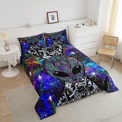 Trippy Alien Comforter Set King Size Kids Boys Galaxy Hippie Graffiti Bedding Set Psychedelic Alien Outer Space Comforter Purple Trippy Room Decor Bohemian Alien Quilted Bed Sets for Adults Men Boys