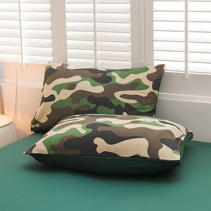 Meeting Story Camouflage Bedding Set, Colorful Pattern Style Comforter Set, 5 PCS One Comforter Two Pillowcases Two Sheets in One Bag, All Season Bedspread for Teens Adults (Green, Queen 5Pcs)