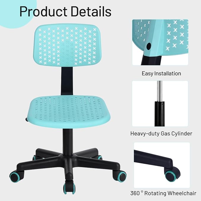 Desk Chair Armless Cute Office Chair, Low Back Rolling Home Office Task Chair Adjustable Swivel Study Chair for Girls Teens Adults Children Kids, Turquoise