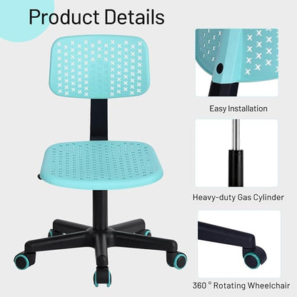 Desk Chair Armless Cute Office Chair, Low Back Rolling Home Office Task Chair Adjustable Swivel Study Chair for Girls Teens Adults Children Kids, Turquoise