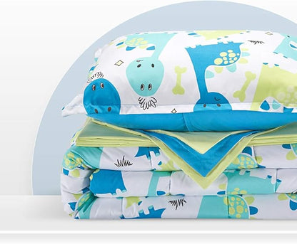 SLEEP ZONE Kids Bedding Comforter Set Full/Queen Size - Super Cute & Soft Kids Bedding 7 Pieces Set with Comforter, Sheet, Pillowcase & Sham (Cute Dino)