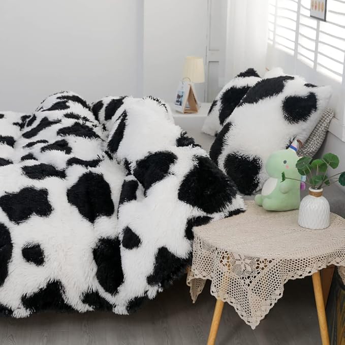 Faux Fur Kids Girls Cow Print Comforter Sets King - 3PC Bed Set Warm Comfortable Soft Plush Flannel Velvet Fluffy Fuzzy Bedding（Comforter x 1 Pillowcases x 2）