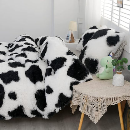 Faux Fur Kids Girls Cow Print Comforter Sets King - 3PC Bed Set Warm Comfortable Soft Plush Flannel Velvet Fluffy Fuzzy Bedding（Comforter x 1 Pillowcases x 2）