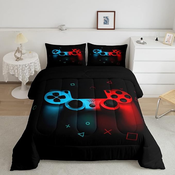 Erosebridal Boys Gamepad Comforter Set King,Play Gamer Bedding Set Kid Young Man Video Games Down for Teen Child Game Room Decor Black Classic Retro Gaming Quilt Duvet Set with Controller Button
