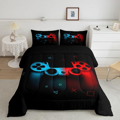 Erosebridal Boys Gamepad Comforter Set King,Play Gamer Bedding Set Kid Young Man Video Games Down for Teen Child Game Room Decor Black Classic Retro Gaming Quilt Duvet Set with Controller Button