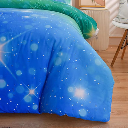 Holawakaka Kids Space Star Glitter Comforter Set Ombre Blue & Green Print Gradient Bedding Set Twin Size(Blue Green, Twin)