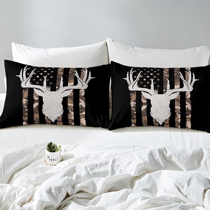 Erosebridal American Flag Comforter Set, Deer Hunting Bedding Twin Size for Kids Boys Teens Bedroom, Brown Military Camo Bedding Comforter Sets USA Federations Stars Duvet Insert with 1 Pillowcase