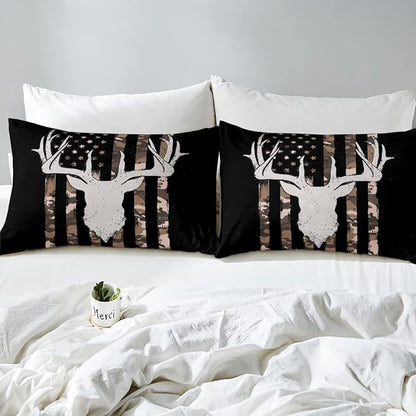 Erosebridal American Flag Comforter Set, Deer Hunting Bedding Twin Size for Kids Boys Teens Bedroom, Brown Military Camo Bedding Comforter Sets USA Federations Stars Duvet Insert with 1 Pillowcase
