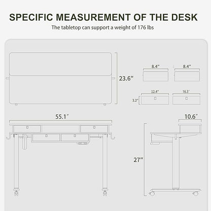 BANTI Height Adjustable Electric Standing Desk with 4 Drawers, 55 x 24 Inch Table with Storage Shelf, Sit Stand Desk, White Top