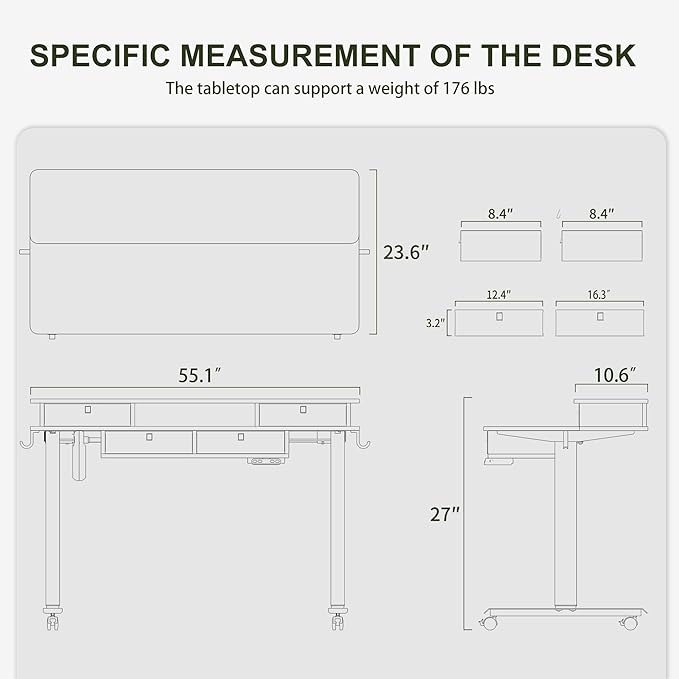 BANTI Height Adjustable Electric Standing Desk with 4 Drawers, 55 x 24 Inch Table with Storage Shelf, Sit Stand Desk, Light Rustic Brown Top
