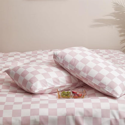 Pink White Grid Comforter Set Cal King Pink Plaid Bedding Set Women Pink and White Checkered Bed Comforter Set Breathable Blanket Set Men Durable Bedding Comforter Set
