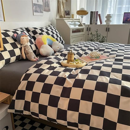 Wellboo Black White Plaid Comforter Sets King Women Men Black and White Checkerboard Grid Bedding Comforters Cotton Boys Girls Modern Black Checkered Geometric Quilts Luxury Abstract White Bedding