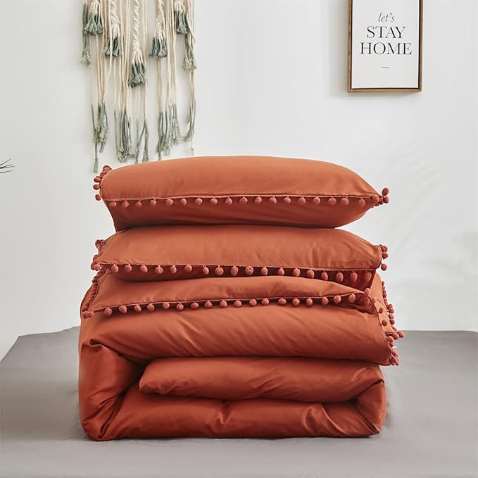 Burnt Orange Comforter Set Queen Size Rust Pom Comforter 3 PCs Burnt Orange Boho Ball Pom Fringe Queen Comforter Bedding Set Women Solid Terracotta Queen Bed Comforter Set All Season Gift