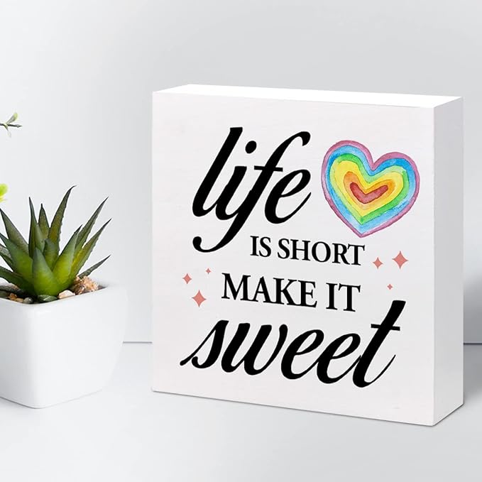 Life Is Short Make It Sweet Sign,Inspirational Quote Wood Box Sign,Motivational Signs Wooden Block Rainbow Decorations for Home Office Shelf Decor