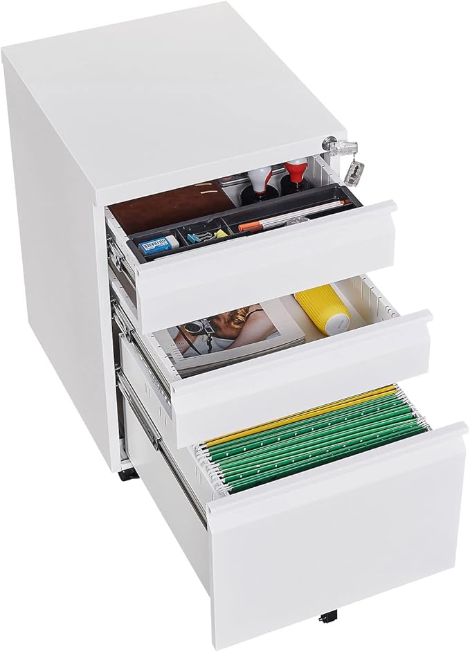 3-Drawer Mobile Lock and 5 Casters,Pre-Assembled Metal Office Storage Filing Cabinets w/ 1 Removable Hanging Rods,for Legal/Letter Size,White
