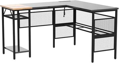 Unikito L Shaped Desk with USB Charging Port and Power Outlet, Reversible Corner Computer Desk with Storage Shelves, Industrial 2 Person Long Gaming Table Modern Home Office Desk, Black