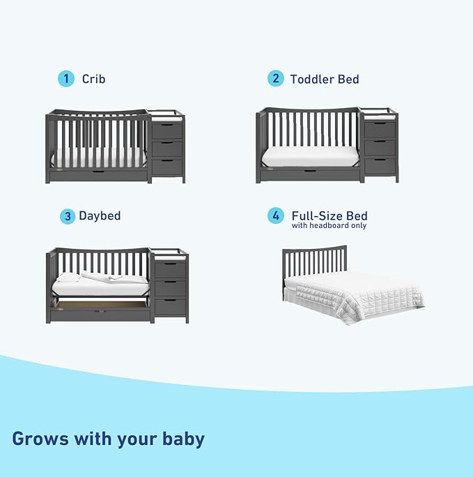 Graco Remi 4-in-1 Convertible Crib & Changer with Drawer (Gray) – GREENGUARD Gold Certified, Crib and Changing -Table Combo, Includes Changing Pad, Converts to Toddler Bed, Daybed and Full-Size Bed