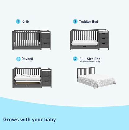 Graco Remi 4-in-1 Convertible Crib & Changer with Drawer (Gray) – GREENGUARD Gold Certified, Crib and Changing -Table Combo, Includes Changing Pad, Converts to Toddler Bed, Daybed and Full-Size Bed