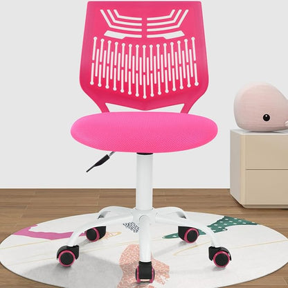 FurnitureR Desk Chair Armless Cute Home Office Desk Chair for Kids, Swivel Computer Task Chair Study Chair with Mesh Padded Cushion and Rolling Wheels for Child, Pink