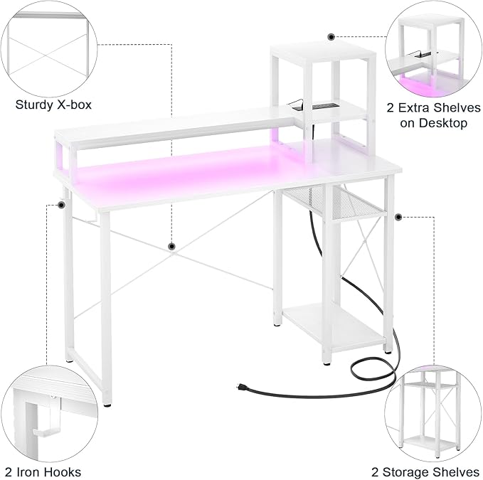 armocity 2024 Upgrade Gaming Desk with LED Lights, Small Computer Desk with Long Monitor Stand, 40'' Reversible Laptop Table with Storage Shelves, Small Desk for Small Spaces, Gaming Room, White