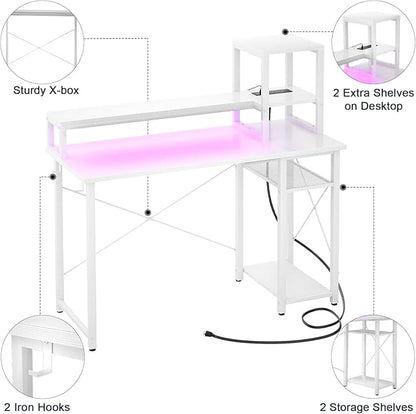 armocity 2024 Upgrade Gaming Desk with LED Lights, Small Computer Desk with Long Monitor Stand, 40'' Reversible Laptop Table with Storage Shelves, Small Desk for Small Spaces, Gaming Room, White