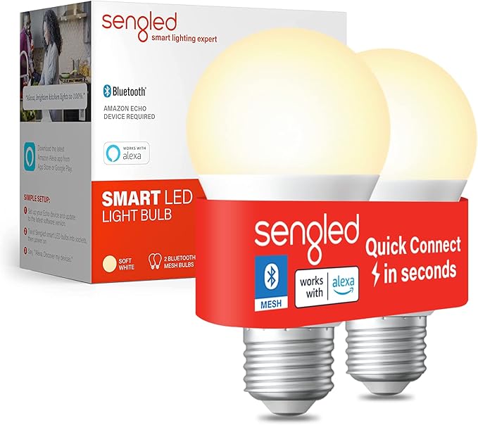 Sengled Alexa Light Bulb, S1 Auto Pairing with Alexa Devices, Warm Light Bulbs, Smart Light Bulbs that Work with Alexa, Bluetooth Mesh Smart Home Lighting, E26 60W Equivalent, 800LM, 2-Pack