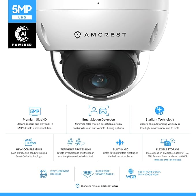 Amcrest 5MP POE Camera, Outdoor Vandal Dome Security POE IP Camera, 5-Megapixel, 98ft NightVision, 2.8mm Lens, IP67, IK10 Resistance, MicroSD 256GB (Sold Separately), Cloud, NVR (IP5M-D1188EW-AI-V3)