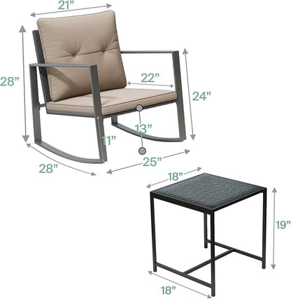3 Piece Rocking Bistro Set - Synthetic Wicker Outdoor Furniture - Glass Coffee Table with 2 Chairs for Balcony, Patio & Porch - Black Metal, Soft Cushions (Coffee)