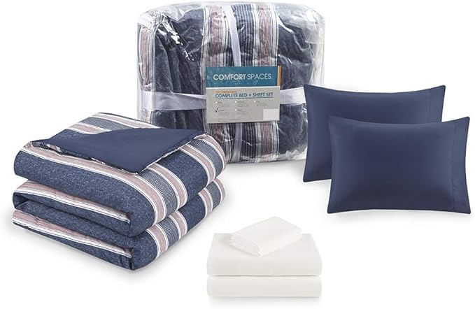 Comfort Spaces Bed in A Bag Comforter Set - College Dorm Room Essentials for Boys Men Bedding, Complete Dormitory Bedroom Pack And Sheet with 2 Side Pockets, Queen, Stripes Navy/Red