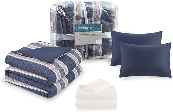Comfort Spaces Bed in A Bag Comforter Set - College Dorm Room Essentials for Boys Men Bedding, Complete Dormitory Bedroom Pack And Sheet with 2 Side Pockets, Full, Stripes Navy/Red