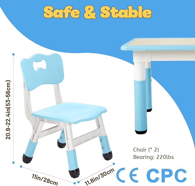 FUNLIO Adjustable Kids Chair (2pcs), 3 Level Height Adjustable Toddler Chair for Ages 3-8, Sturdy Child Chair with Maximum Bearing 220lbs, for Classrooms/Daycares/Homes, CPC & CE Approved - Blue