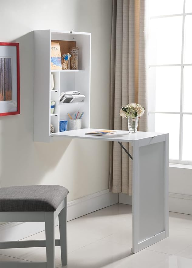 KB Designs - Wall Mounted Fold Out Floating Desk Table with Storage Shelves, White