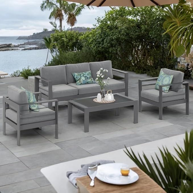 Solaste Aluminum Patio Furniture Set, 4 Pcs Modern Outdoor Conversation Set Sectional Sofa with Upgrade Cushion and Coffee Table,Grey