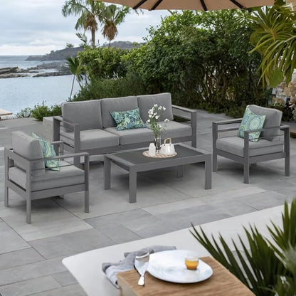 Solaste Aluminum Patio Furniture Set, 4 Pcs Modern Outdoor Conversation Set Sectional Sofa with Upgrade Cushion and Coffee Table,Grey