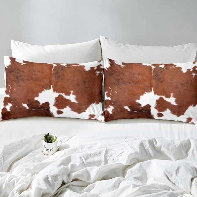 Erosebridal Cow Print Bedding Set King, Brown White Cowhide Comforter Set, Farmhouse Animal Hair Bedding Set for Kids Teens Adult Milk Western Cowboy Rustic Duvet Set Home Room Decor