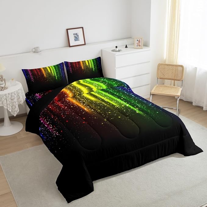Abstract Ombre Comforter Set Kids Teens Colorful Bedding Set Decor Red Blue Green Yellow Comforter Room Decor 3Pcs Queen Size