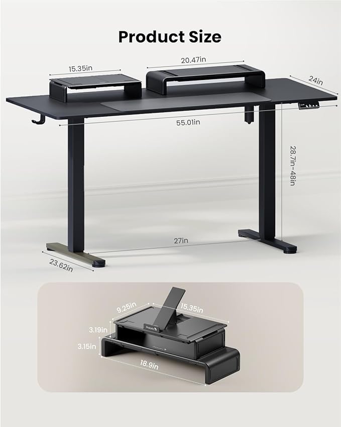 ProtoArc Standing Desk with Dual Monitor Stand Riser, 55 x 24 Inches Height Adjustable Desk with Storage, Electric Stand up Desk with Laptop Stand (Black/White)