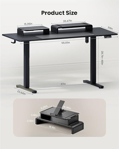 ProtoArc Standing Desk with Dual Monitor Stand Riser, 55 x 24 Inches Height Adjustable Desk with Storage, Electric Stand up Desk with Laptop Stand (Black/White)