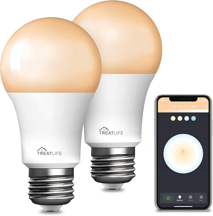 TREATLIFE Smart Light Bulbs, WiFi LED Light Bulb, Dimmable Smart Bulb Works with Alexa, Google Home, SmartThings, Warm White& Cool White(2700K-6500K), 2.4Ghz, 800LM, E26, A19, 9W, No Hub Required