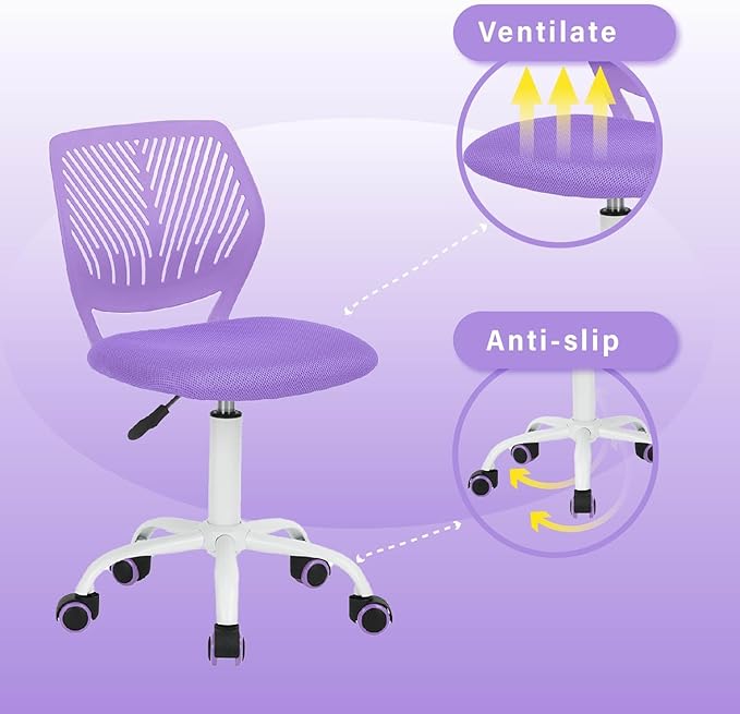 FurnitureR Teens Girls Task Chair 360 Swivel, Low Mid PP Mesh Back Fabric Seat, Height Adjustable, Rolling Castor, W15.7inces x D15.2inces x H29.5-34.2inches (Purple)