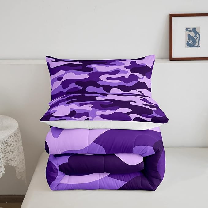 Queen Size Camouflage Comforter Set 3Pcs Kids Bedding Set for Boys Girls Teens 1 Comforter & 2 Pillowcases(Queen,Purple) Boys