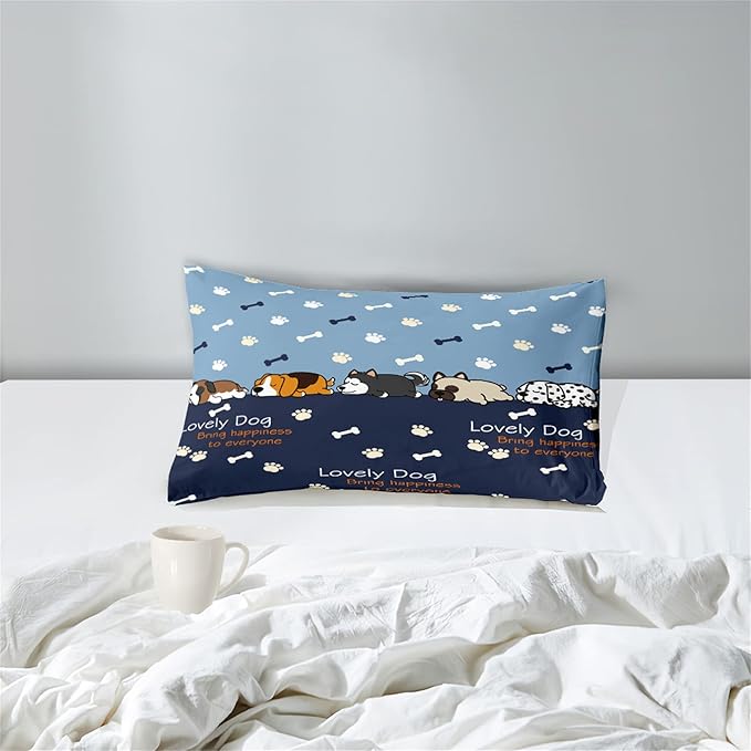 2Pcs Cartoon Dog Comforter Set Twin Comforter Set for Boys Lovely Puppy Patterns Bedding Set Fun Animal Lover Comforter Lovely Dog Paw Bones Quilt with 1 Pillowcase, Twin Size
