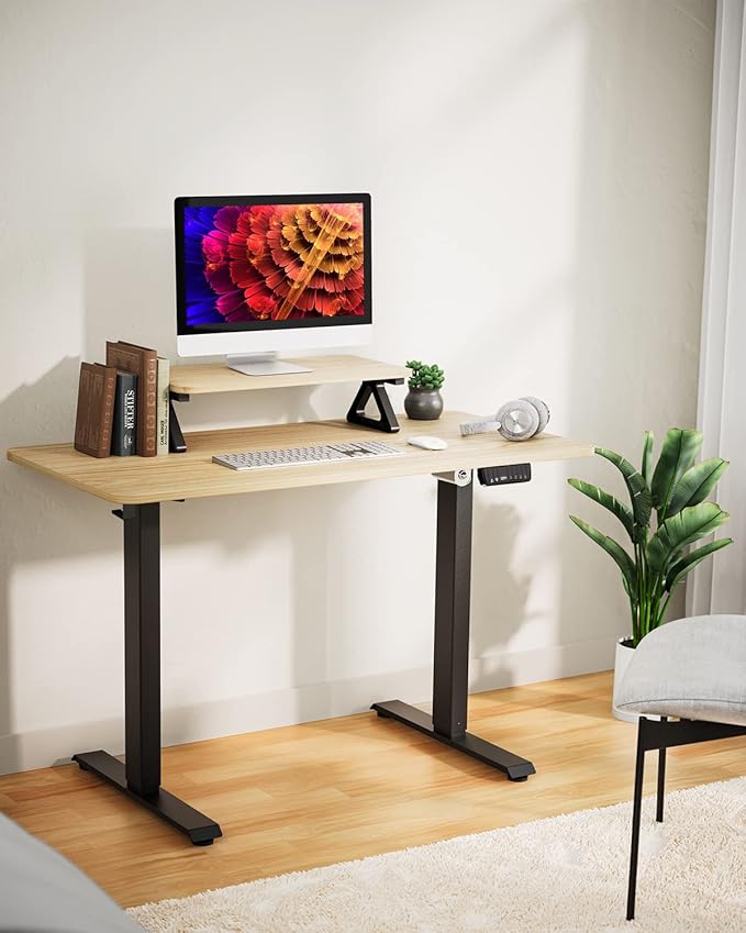 Memory Electric Height Adjustable Desk, Sit Stand Up Computer Workstation, 48 x 24 Inch Monitor Stand Study Table for Home Office, Maple