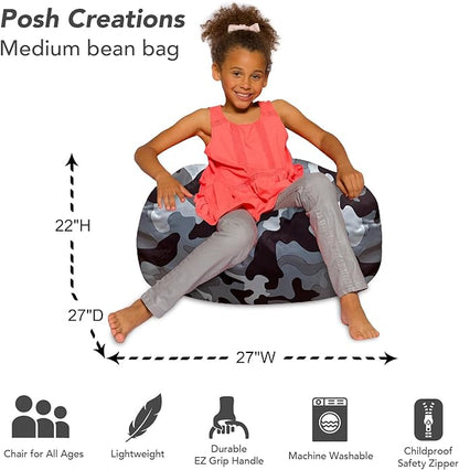 Posh Creations Bean Bag Chair for Kids, Teens, and Adults Includes Removable and Machine Washable Cover, Soft Nylon - Camo Gray and White, 27in - Medium