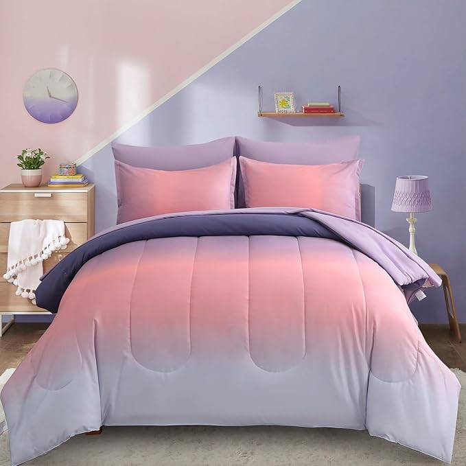 Dinjoy Girls Comforter Set King Size Colorful Rainbow Ombre Pink Purple Light Blue Bedding Set Gradient 7 Pieces Bed in A Bag for Kids Teen Women(1 Comforter, 1 Flat Sheet, 1 Fitted Sheet)