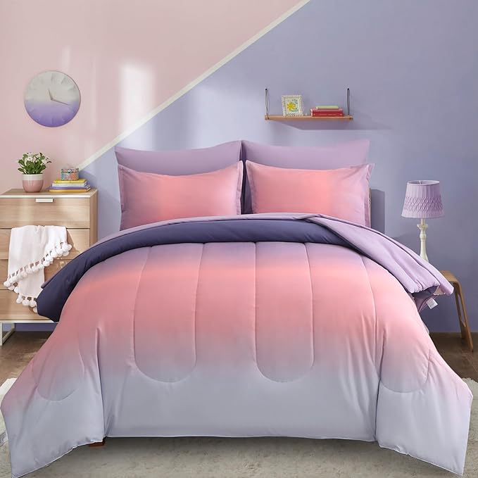 7 Pieces Comforter Set Full/Queen Size - Gradient Pink and Purple All Season Teens Rainbow Comforter Bedding Set, Ultra Soft Fluffy Microfiber Bed in a Bag for Kids