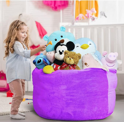 Bean Bag Chair Cover, Stuffed Animal Storage, Plush Toys Organizer Holder, Beanbag Chairs Cover for Kids Teans and Adults Super Soft and Comfortable Fabric X-Large with Handle and Zipper -Round Purple