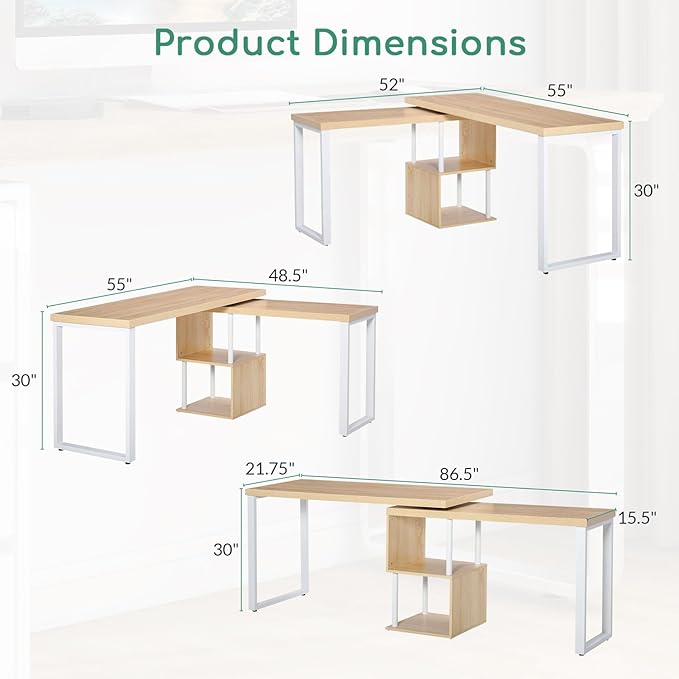 Airdown 55 Inch Reversible L Shaped Home Office Computer Desk with 2-Tier Storage Shelf for Bedroom, Dorm, Study Room, Light Oak